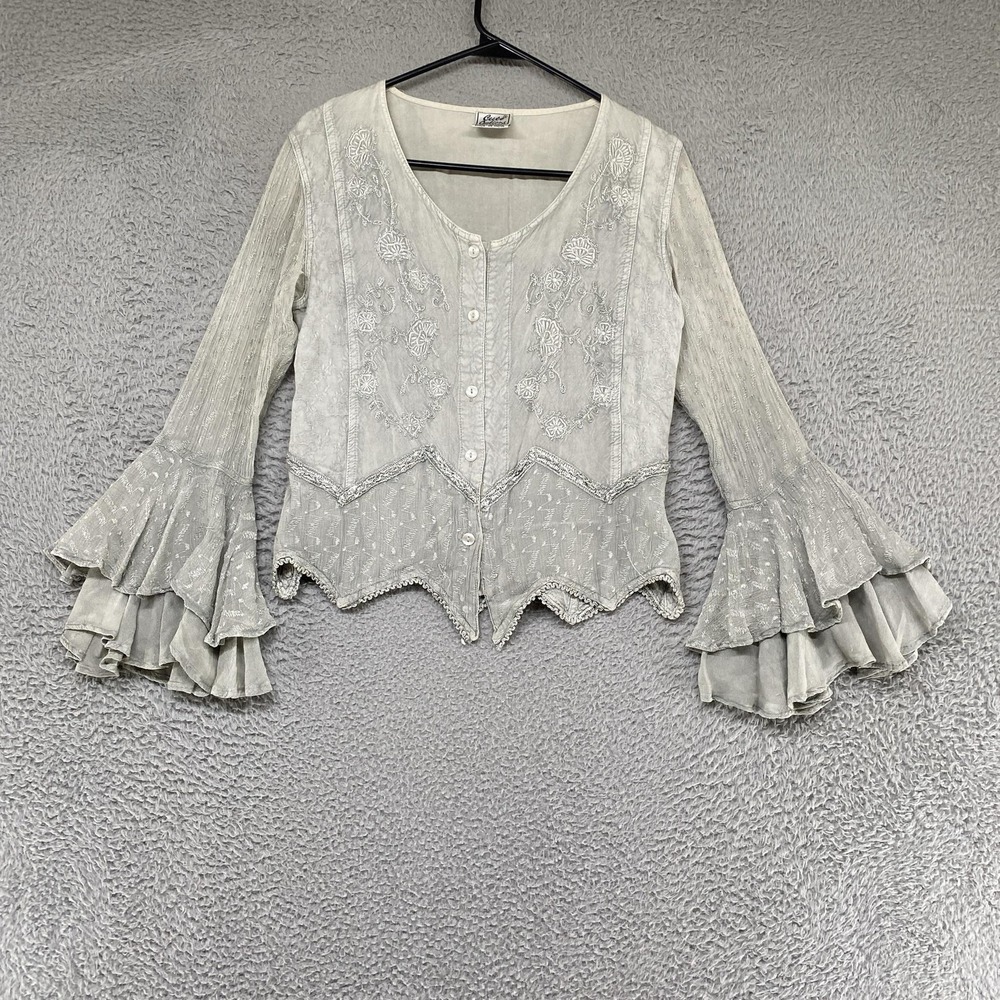 Y2K Fairy Top Womens Small Green Embroidered Sheer Bell Sleeve Boho Ruffle